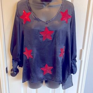 Navy silk deal top with red sequin stars. Size small. NWOT